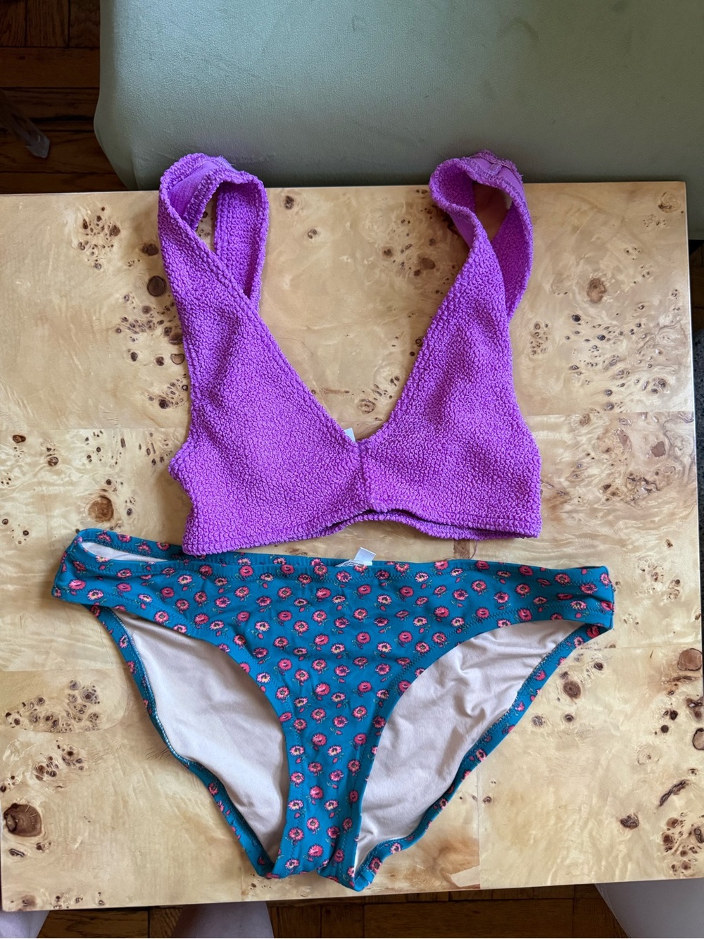 Girls' Purple Textured Tank One-Piece with Teal Floral Bottom